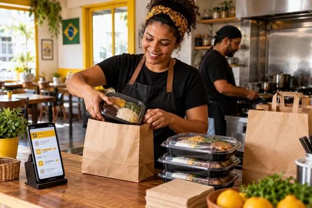 Profissional organizando refeições embaladas para entrega em um restaurante.