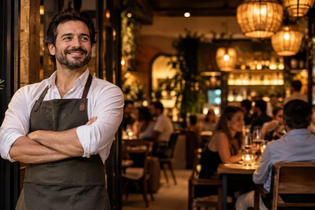 Dono de restaurante contente com os resultados do restaurante