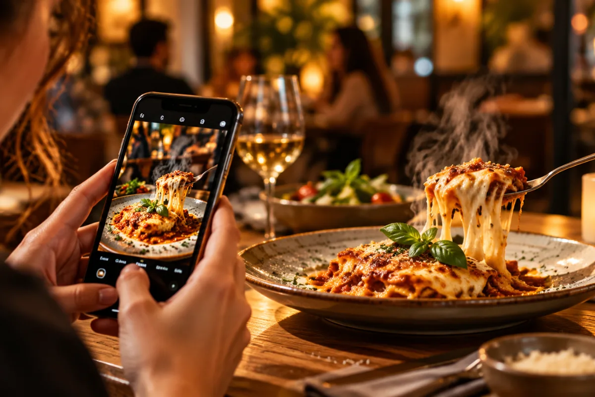 mulher fotografando um prato de macarrão delicioso, fazendo com que o desejo comece na aparencia, a mavt mostrou a ela como trabalhar esse ponto.