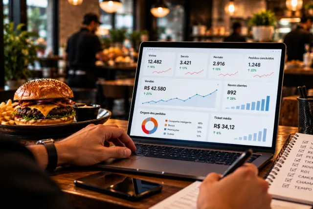 Dono de restaurante analisando os dados semanais que a mavt ensinou ele a olhar