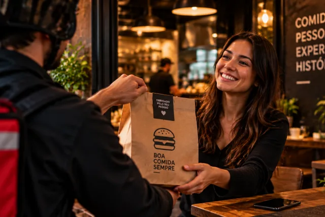 moça sorrindo entregando a encomenda para o motoboy mostrando o porque é importante a experiencia continuar mesmo no pós compra e a mavt mostra o porquê.