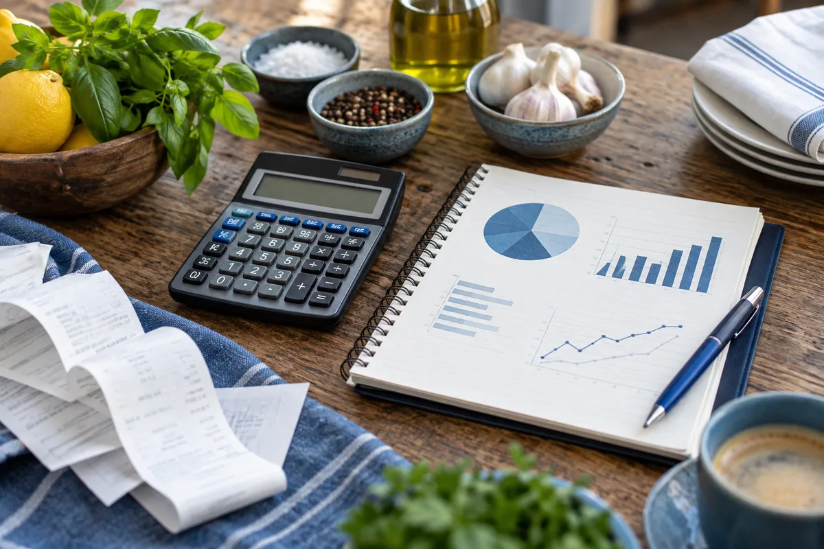 Calculadora, caderno com gráficos ilustrativos e ingredientes sobre uma mesa.