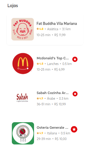 Lista de lojas no aplicativo do iFood mostrando restaurantes concorrendo por posição na vitrine